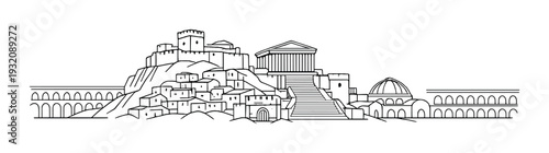 Hilltop acropolis with stepped temple and surrounding ruins