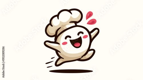 A cheerful cartoon character, wearing a chef's hat, jumps happily with red droplets above