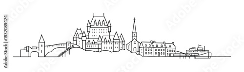 Castle complex with church spire and waterfront ferry dock