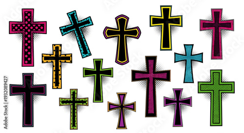 Collection of colorful crosses in various sizes and colors