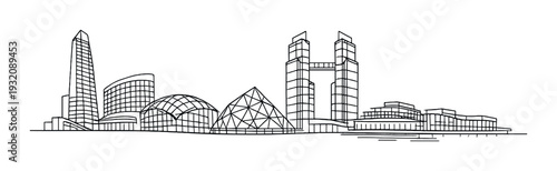 City skyline outlined on dark gradient waterfront background