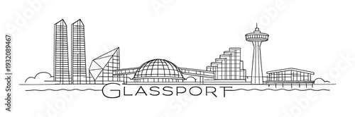 Glassport skyline outlined on dark gradient waterfront background