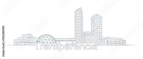 Transparencia skyline outlined on dark gradient waterfront background