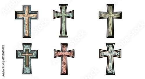Set of six vintage crosses with different colors and textures