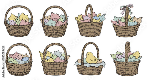 Set of eight cute easter baskets with colorful eggs and chicks