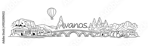 Avanos riverside bridge with rock formations and balloon