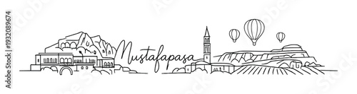 Mustafapasa village skyline with hot air balloons above town