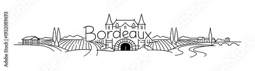 Bordeaux vineyard landscape with chateau, roads and cypress trees