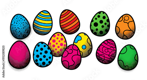 Colorful decorated easter eggs with various patterns and designs