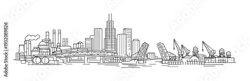 Industrial port skyline with drawbridge lifts and waterfront cranes