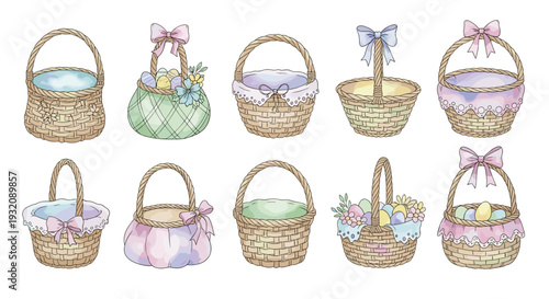 Set of colorful easter baskets with pastel ribbons and flowers