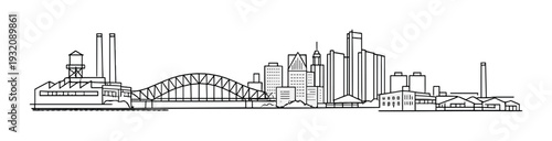 City skyline with arched bridge and industrial waterfront