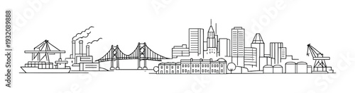 City skyline with suspension bridge and industrial port waterfront