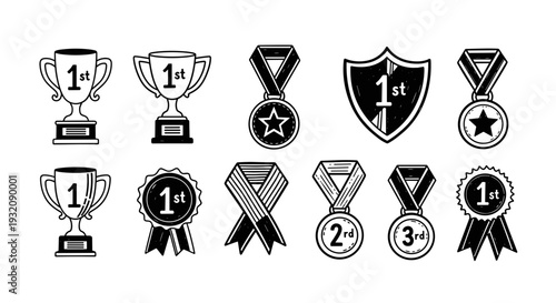 Collection of award medals trophies and ribbons for achievement
