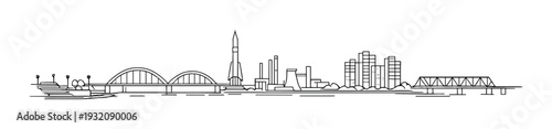 Riverside industrial skyline with bridge and rocket structure