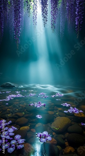 Enchanting wisteria flowers cascade over gentle water and light streams