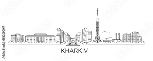 Kharkiv skyline with arch bridge and tall lattice tower