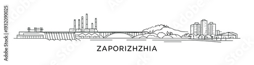 Zaporizhzhia skyline showing power plant and bridge on river