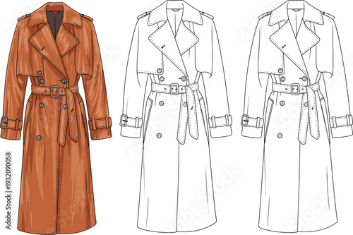 Double-breasted trench coat flat vector, fashion CAD sketch with belt and buttons, outerwear technical drawing, stylish coat illustration