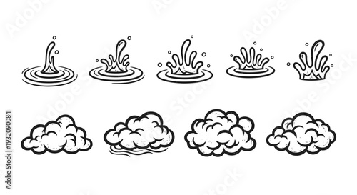 Set of cartoon style water splash and cloud illustrations