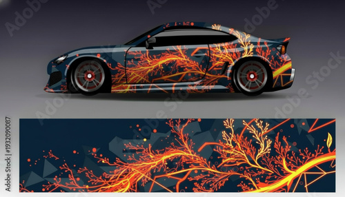 A sports car with a vibrant fiery abstract floral graphic wrap design.