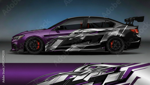 Purple and black sports car with dynamic geometric graphic vinyl wrap design.