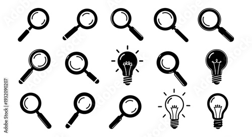 Collection of magnifying glass icons and lightbulb symbols for ideas