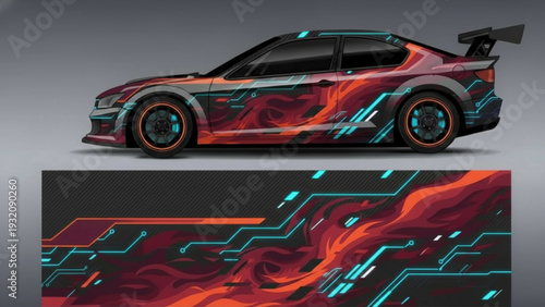 Custom car wrap design featuring abstract circuit board lines and fiery patterns on a sports coupe.