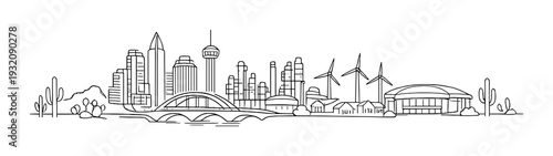 City skyline with wind turbines and stadium on riverfront desert