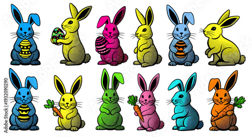 Colorful collection of cartoon rabbits in various poses and colors