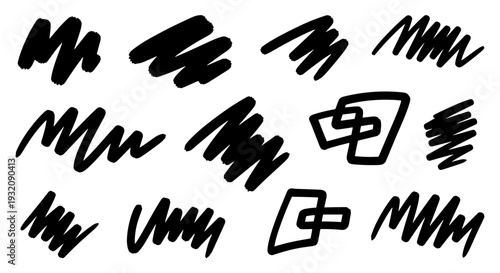 Collection of black abstract brush strokes and geometric shapes