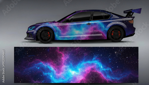 Sports car with a vibrant galaxy-themed vinyl wrap featuring blue and pink nebulae, displayed above the full wrap pattern.