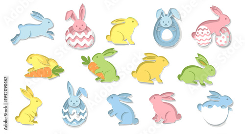 Collection of colorful cute bunny illustrations for spring or easter