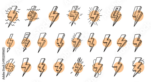 Set of 20 handdrawn lightning bolt icons in various styles and colors