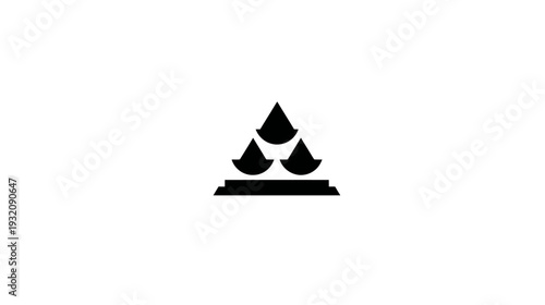 A geometric symbol in black, featuring triangles and semicircles on a tiered base against a white backdrop