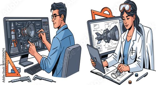 Engineers and scientists working on aerospace project, designing rocket engine, advanced technology development, research innovation, engineering teamwork, futuristic spacecraft illustration