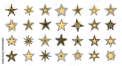 Collection of gold and silver starshaped decorative ornaments for celebration