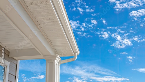 Close-up of a house gutter system against a bright blue sky.