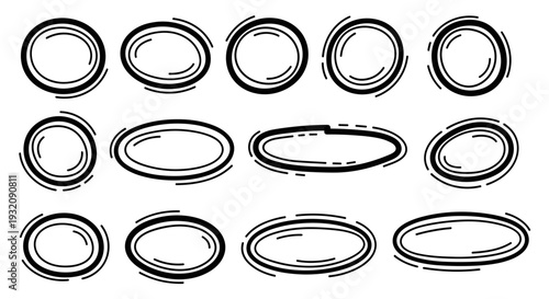Collection of various oval and elliptical line art shapes and icons
