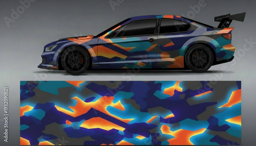 A custom-wrapped sports car with a vibrant abstract camouflage design, showcasing the full pattern.