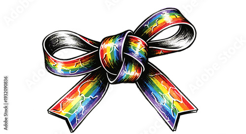 Colorful rainbow ribbon bow with vibrant hues and shiny finish
