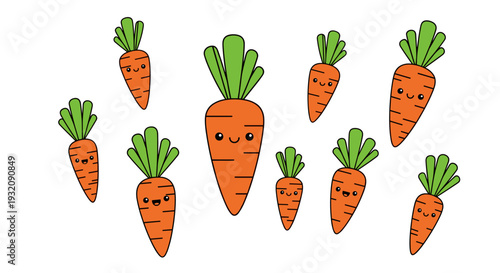 Cute cartoon carrots with smiling faces and green tops