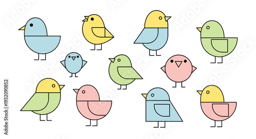 Collection of colorful cartoon birds in various poses and colors