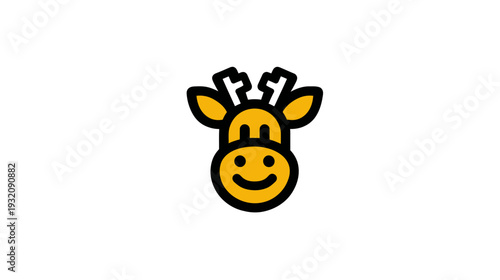 A simple, cartoon illustration of a smiling giraffe's head with a yellow and black outline
