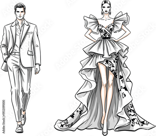 Fashion illustration of stylish man in elegant suit, glamorous woman in designer dress, modern runway style, haute couture, luxury clothing