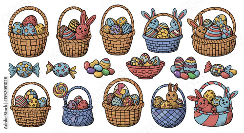 Collection of colorful easter baskets filled with eggs and candies