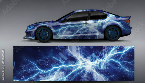 Blue lightning bolt graphic car wrap design on a sports coupe.