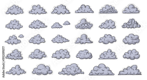 Collection of various gray clouds with different shapes and sizes