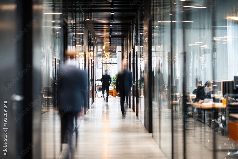 Fototapeta premium Blurred motion of business people walking in a modern office hallway.