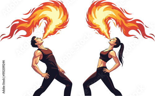 Fire performance, flame breathers, stunt art, dramatic pose, athletic duo, synchronized fire, danger show, circus act, intense heat, visual spectacle